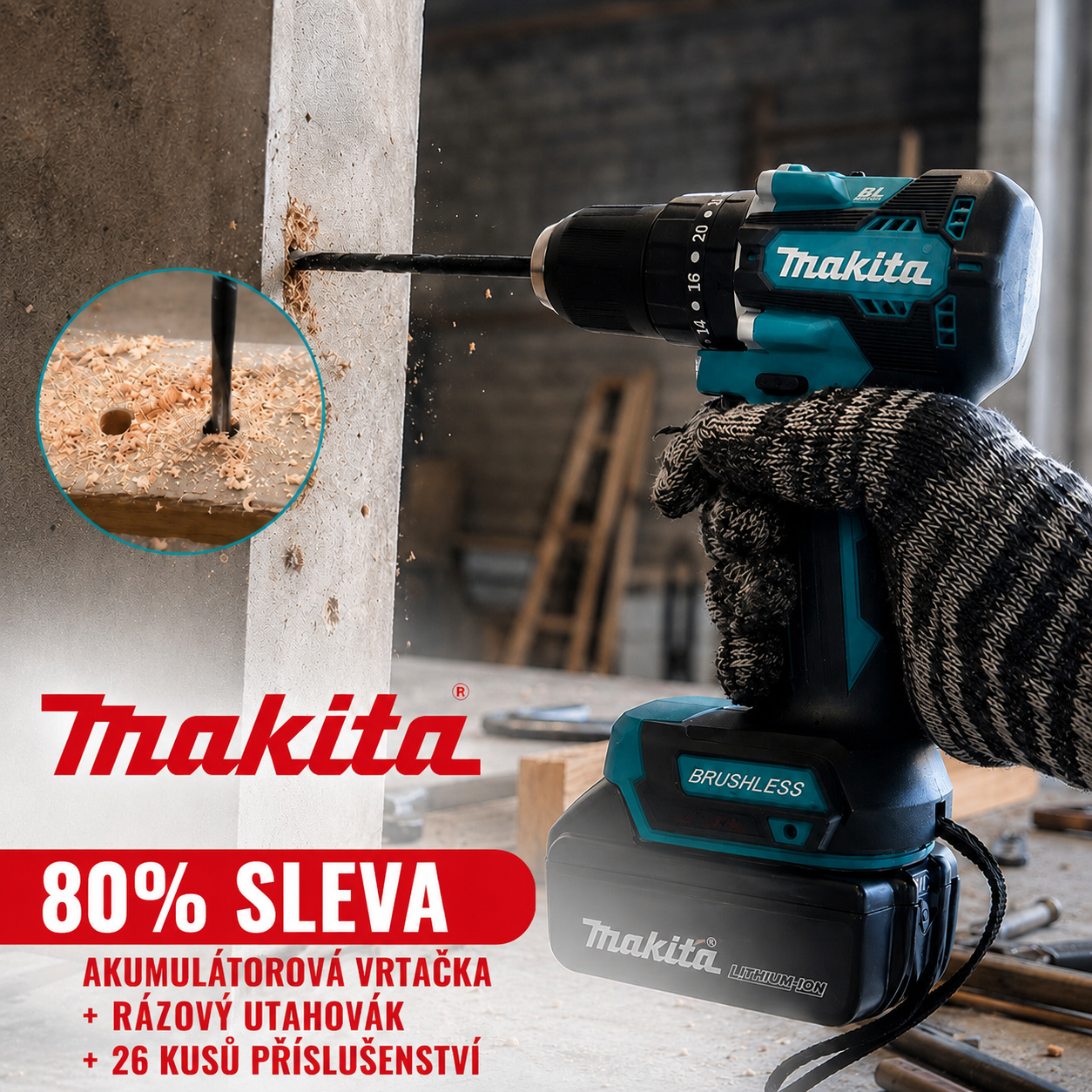 SADA MAKITA: AKUMULÁTOROVÁ VRTAČKA + RÁZOVÝ UTAHOVÁK + 26 KUSŮ PŘÍSLUŠENSTVÍ + 2 BATERIE